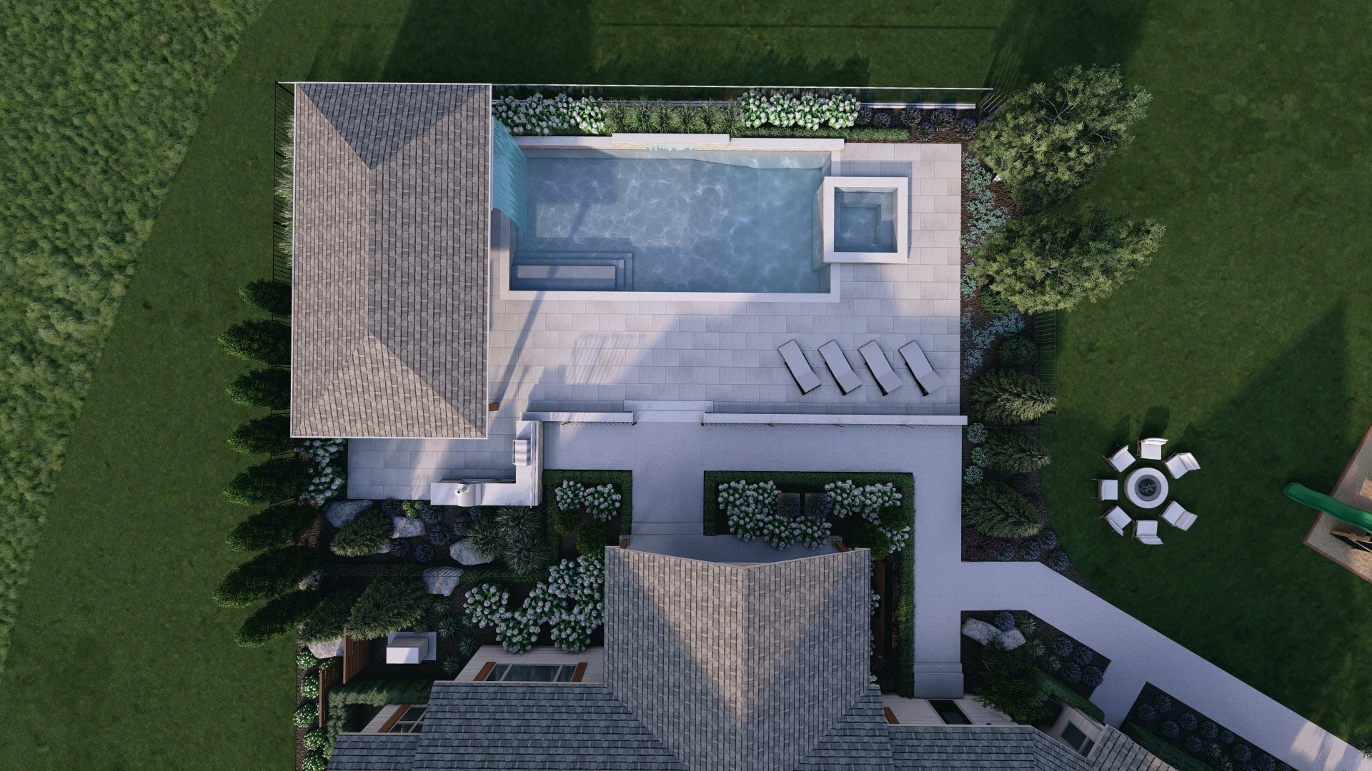 aerial shot of a house with a pool in the backyard