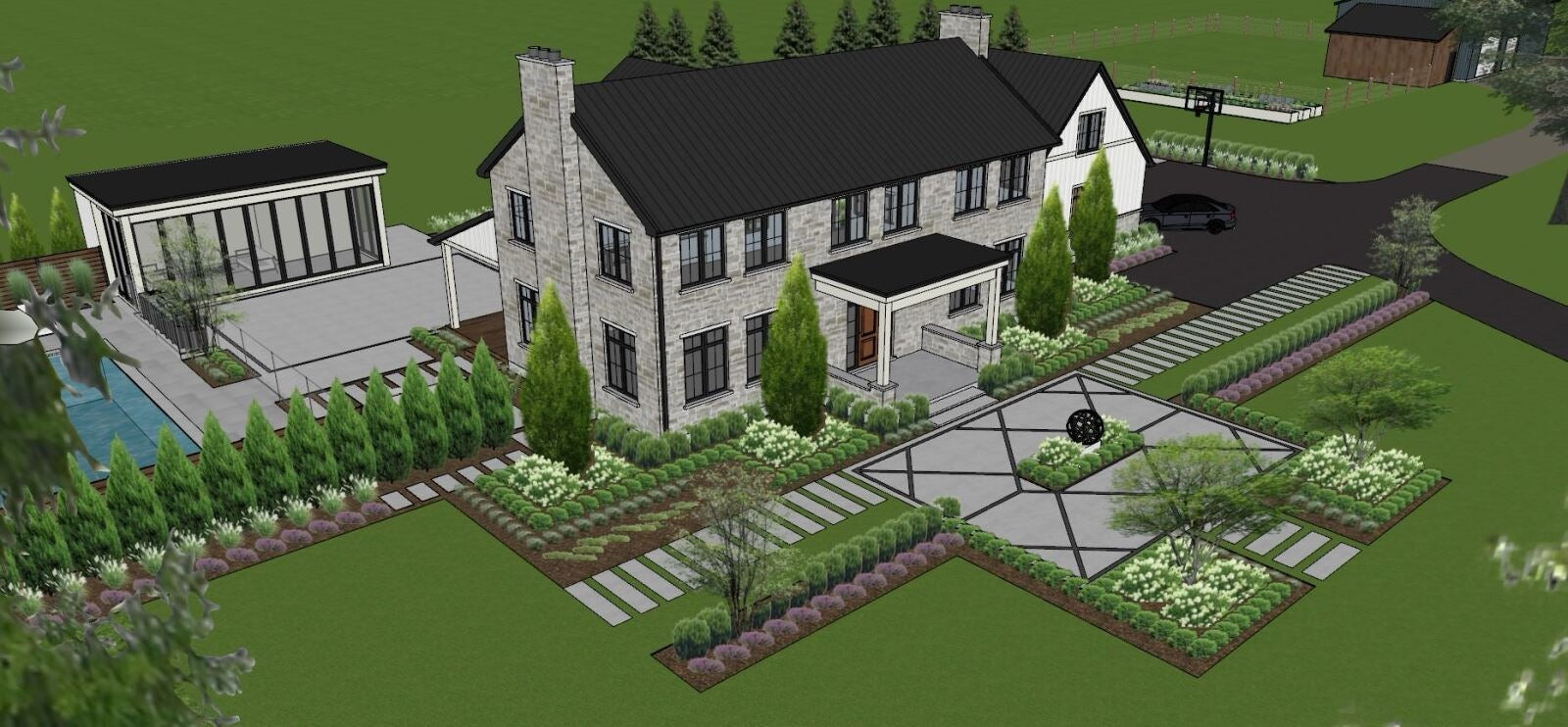 Aerial view of a luxurious modern house with a black roof, surrounded by landscaped gardens, a paved driveway, and a European-style pool area.