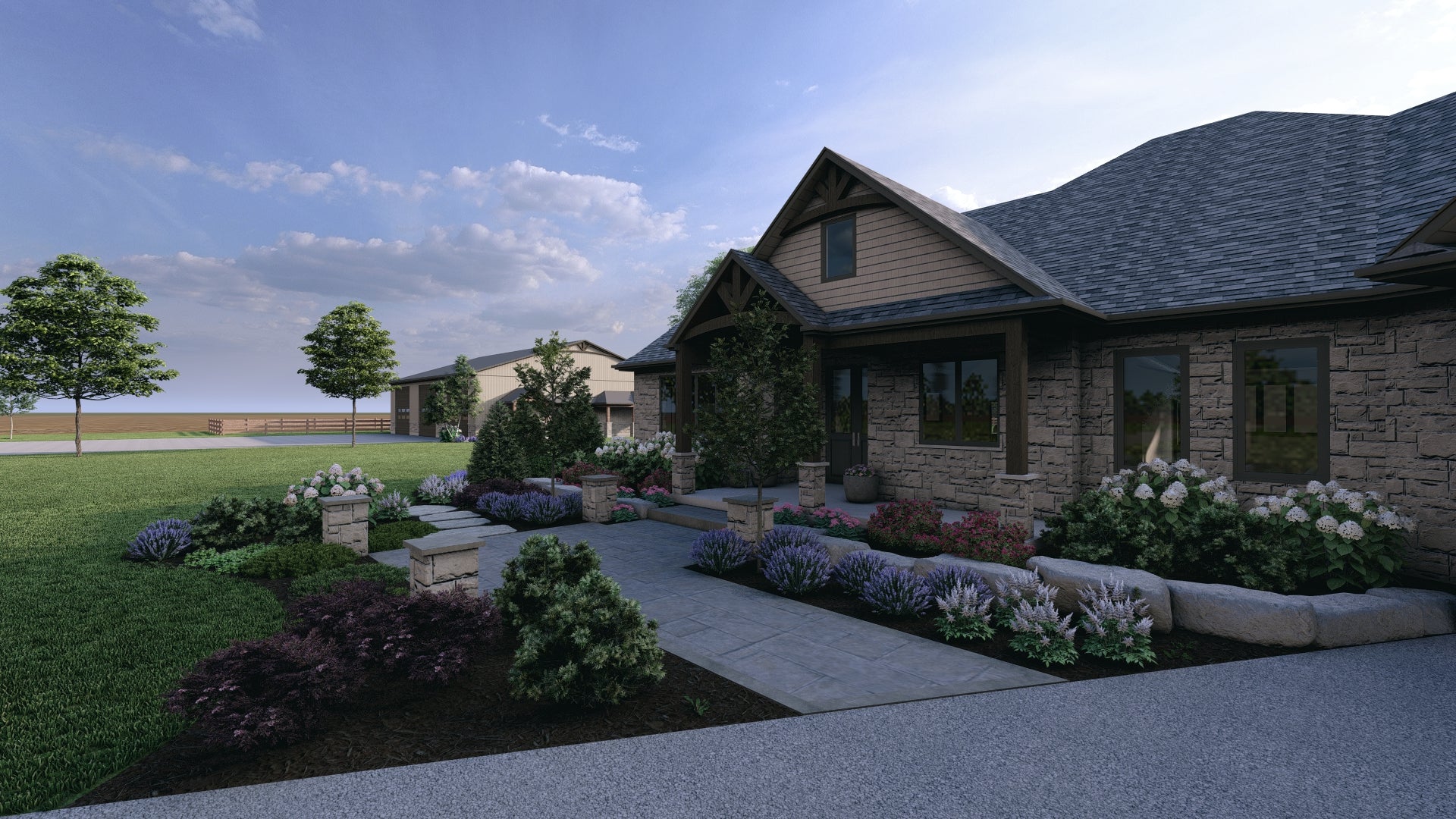 exterior of stone home with a stone path leading inside, surrounded by beautiful landscaping and different flowers and plants