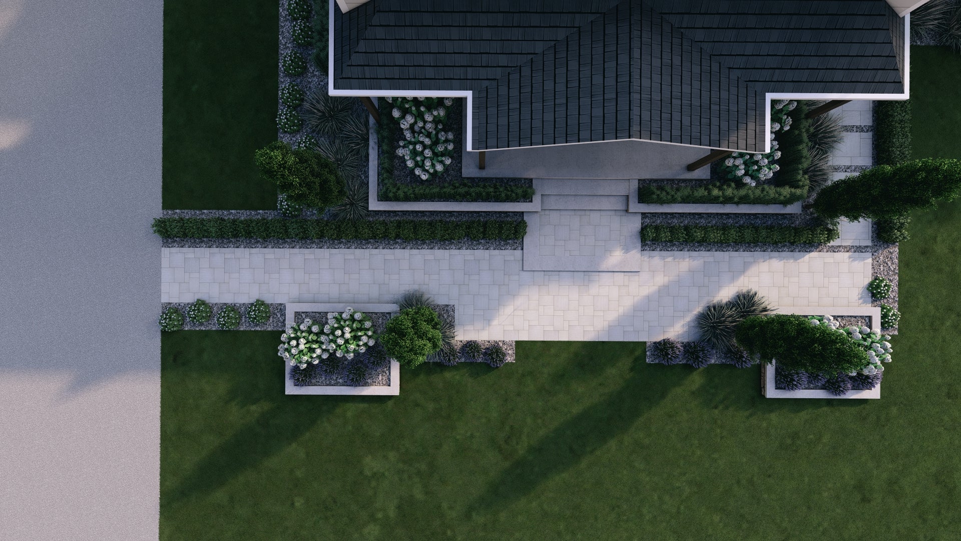 A walkway in front of a house made of stone