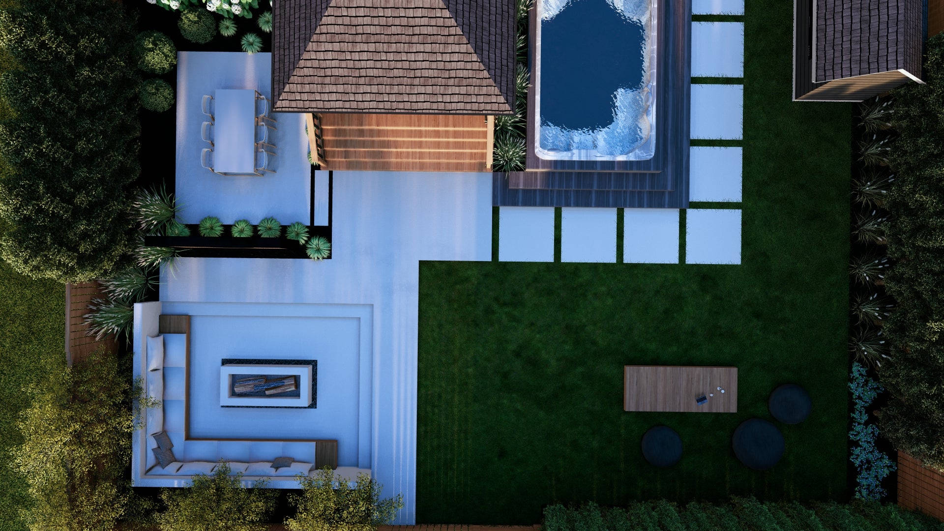 A top-down view of a landscaped backyard featuring several areas. In there is a dining area with a table and chairs, surrounded by green shrubbery. Adjacent to this is a wooden deck connected to a structure with a tiled roof, leading to a hot tub on the right. Below the deck, a lounge area is furnished with an L-shaped sofa surrounding a modern fire pit. In the lower right corner, there's a small seating area with a rectangular table and round chairs placed on a green lawn.